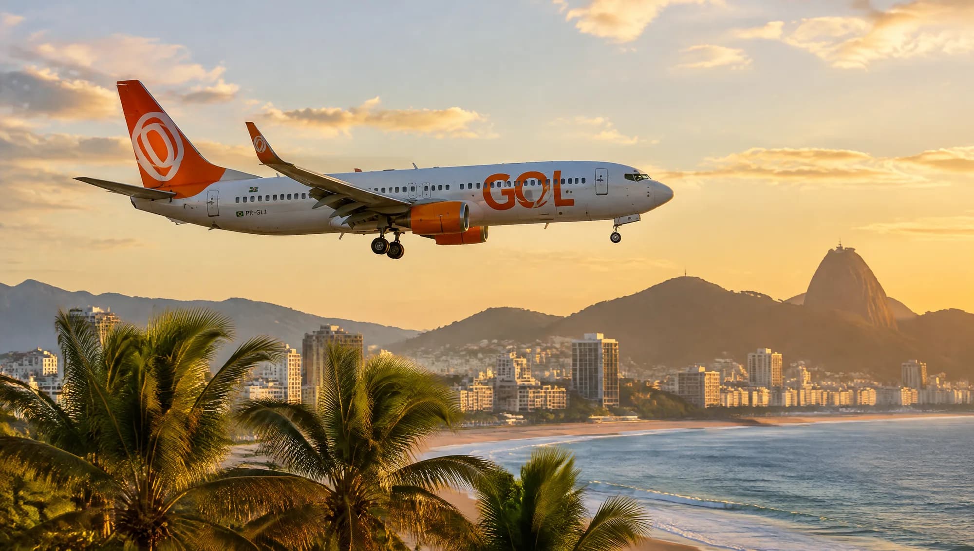 Boeing 737 da GOL pousando sobre praia com coqueiros ao entardecer
